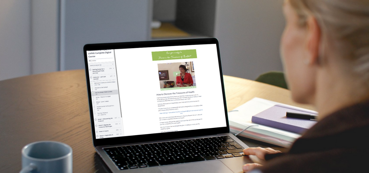 Woman using online class Woman taking Treasures Online Course on computer screen