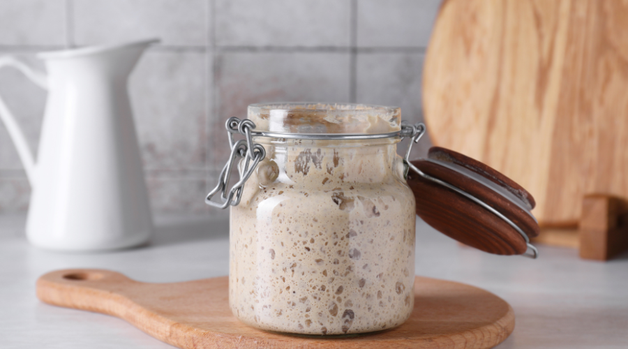 jar of sourdough started with spelt flour for faster fermentation