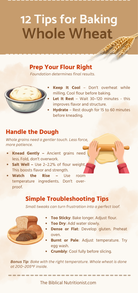Infographic of 12 Tips for Baking with Whole Wheat from The Biblical Nutritionist